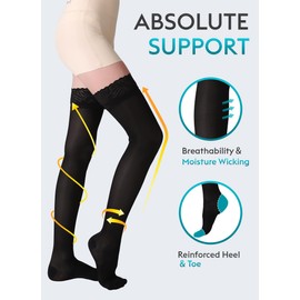 AMZAM Thigh High Sheer Compression Stockings for Women - 15-20 mmHg Graduated Compression Socks - Closed Toe Thigh High Support Stockings with Lace Silicone Band - Work Travel Office, Black XX-Large