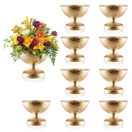 Gold Metal Urn Vases 10 Pcs - 7.5 Inch Vintage Hammered Pedestal Flower pots Bulk for Wedding Centerpieces, Elegant Floral Arrangement Vase Decor, Anniversary Party Home Decoration