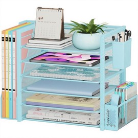 Simple Trending 6 Tier Desk File Organizer, Paper Letter Tray Organizer with File Holder and Pen Container, Blue