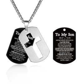 P.BLAKE To My Son Dog Tag Cross Necklace from Dad, Stainless Steel Cross Pendant Christian Religious Jewelry Christmas Gifts for Son Teen Boys