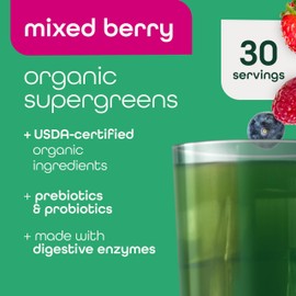 Zena Nutrition Organic Super Greens Powder, 70+ Superfoods, 0 Sugar, 3G Fiber, Spirulina, Chlorella, Antioxidants, Prebiotics/Probiotics, Digestive Enzymes, Mixed Berry, 30 Servings