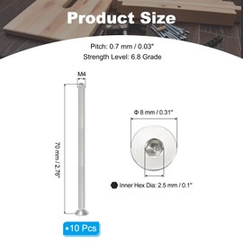 PATIKIL M4 x 70mm Flat Head Socket Cap Screws, 10 Pack 304 Stainless Steel 18-8 Machine Screws Flat Countersunk Bolts Hex Socket Drive Fasteners Grade 6.8