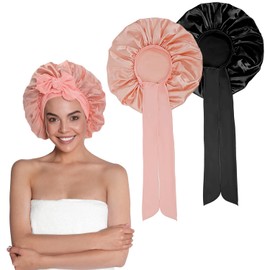 ELNX 2 Pieces Silk Bonnet for Sleeping, Satin Caps for Curly Hair, Sleep Cap with Tie, Silk Bonnet for Sleeping for Curly Hair, Braid Hairstyles for Women (Black + Pink)