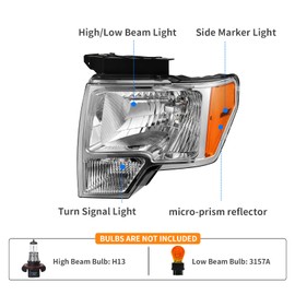 DWVO Headlights Assembly Compatible with 09-14 2009-2014 Ford F150 F-150 Headlamp Replacement Chrome Housing Pair Driver and Passenger Side