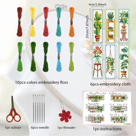 ORIGACH 6 Set Green Plants Cross Stitch Bookmark Kit for Beginner with Backing Felt Floss Instructions DIY Stamped Embroidery Bookmark Kit for Adults, Book Lovers