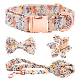 Dote on Dog Collar and Lead Set with Bow Tie, Girl Dog Collar with Detachable Flower with Strong Gold Buckle, Adjustable Soft Padded Pet Collar for Small Medium Large Dogs(Orange,XS)