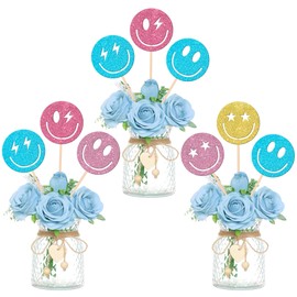 12 PCS Preppy Smile Face Centerpiece Sticks Star Lightning Smile Face Party Table Flower Centerpieces Happy Pastel Birthday Party Floral Decorations for Rainbow Birthday Bachelorette Party Supplies
