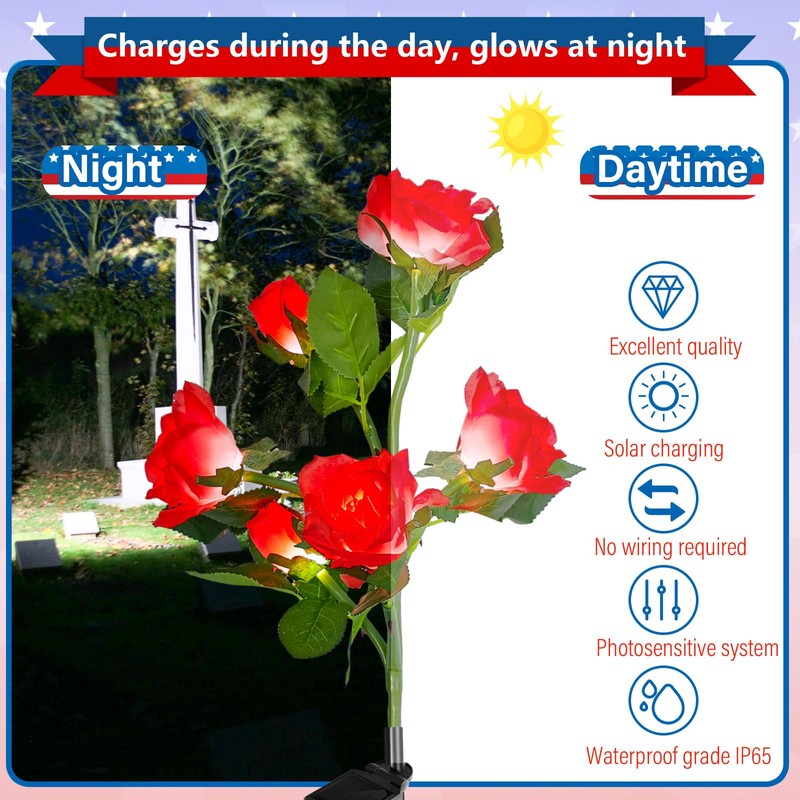 Woanger 4 Pcs Solar Flowers Cemetery Grave Decorations Outdoor LED
