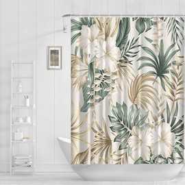 Abaysto Tropical Shower Curtain for Bathroom, Beige Green Palm Tree Leaves Sage Hibiscus Flower Shower Curtains Set with Hooks Retro Bathroom Decor