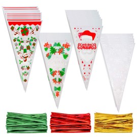 FINGOOO Christmas Candy Cookie Bags 100 Pieces Xmas Cellophane Snack Bags Cookie Bags with 150 Twist Ties for Christmas Party Supplies