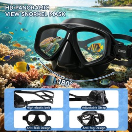 COPOZZ Snorkeling Gear for Adults, 180° Panoramic View Anti-Fog Anti-Leak Tempered Glass Diving Mask, Dry Top Snorkel Set for Scuba Diving, Swimming, Freediving（Black）