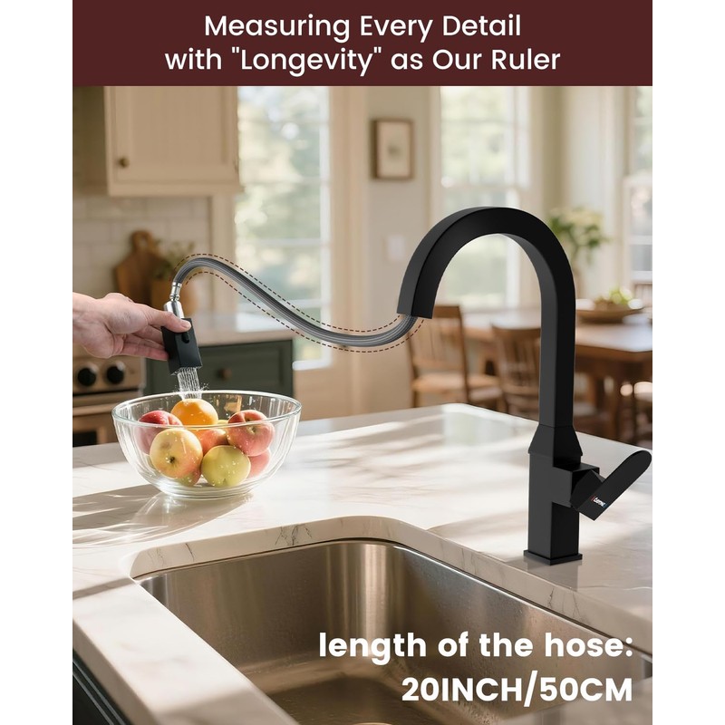 Black Square Kitchen Faucet – Modern Pull-Down Sprayer with 2-Mode