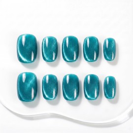 Sun&Beam Nails Handmade Nail Tips Short Round False Nails Plain Blue Green Light Blue Cat Eye Magnet Popular Stylish Cute False Nail Pack of 10 (#93 XS)