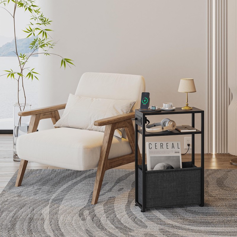 Narrow Side Table with Charging Station, Slim End Tables with