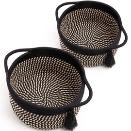 Empty Gift Basket - SweetMemo Mini Woven Rope Organizer Baskets for Baby Shower, Vanity, Makeup Brushes, Bathroom, Shelves, Desk - Small Decorative Storage Bins - Set of 2, Pre-Shaped, Black Brown