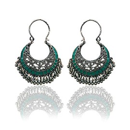 Moonstruck Traditional Indian Silver Oxidised Chandbali Hoop Earrings for Women (Green)