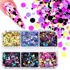 Mygitter Nail Art 3D Circle Sparky Sequin Holographic Glitter Nail Flake Colorful Mixed Size Round Accessories Confetti Design Eye DIY Decoration for Women 6 Grids