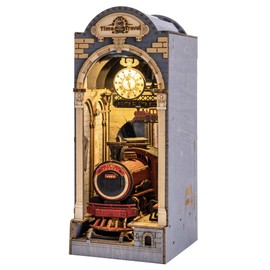 ROBOTIME DIY Book Nook Kit Insert Bookcase Book Stand 3D Wooden Puzzle DIY Miniature House Wood Bookend Book Nook Model Building Kit with LED Light Booknook Decoration (Time Travel)