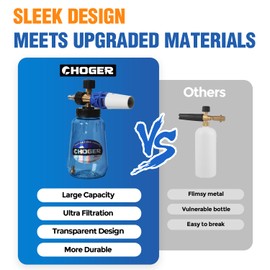 CHOGER Foam Cannon for 5000 PSI Pressure Washer, Heavy Duty Car Wash Foam Gun, Adjustable Car Foam Sprayer, Pressure Washer Foam Cannon, Wide Neck, 1/4” Quick Connector, 1 L Bottle