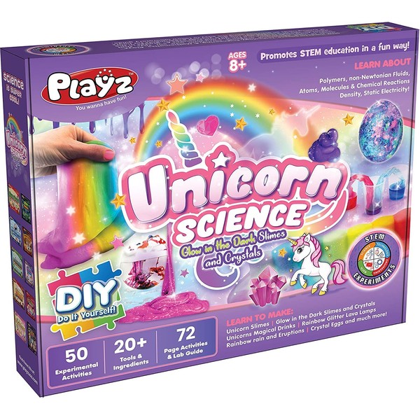 Playz Fluffy Slime & Crystals Science Kit Gift for Girls & Boys with 50+ STEM Experiments to Make Glow in The Dark Unicorn Poop, Snot, Putty, Arts & Crafts for Kids Age 8-12
