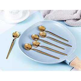 Juego de 6 cucharas de flores para café, vajilla de acero inoxidable Cuchara de azúcar creativa Cuchara de café Cuchara de helado Cuchara para mezclar Cuchara para revolver Cuchara para té helado, 6 patrones diferentes (Dorado)