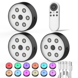 Onumii Rechargeable Puck Lights with 2.4G Remote 2600mAh Under Cabinet Lighting Sync and Groupable Color Changing Magnetic Stick on Tap Lights for Cabinet, Shelves, Display Case (3Pack Black)