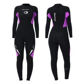 Owntop Women's Full Body 3/2 mm Wetsuit, Ultra Stretch Long Sleeve Winter Wetsuit, Back Zip, Adult Neoprene Surf and Diving Suit, Women, Purple, M