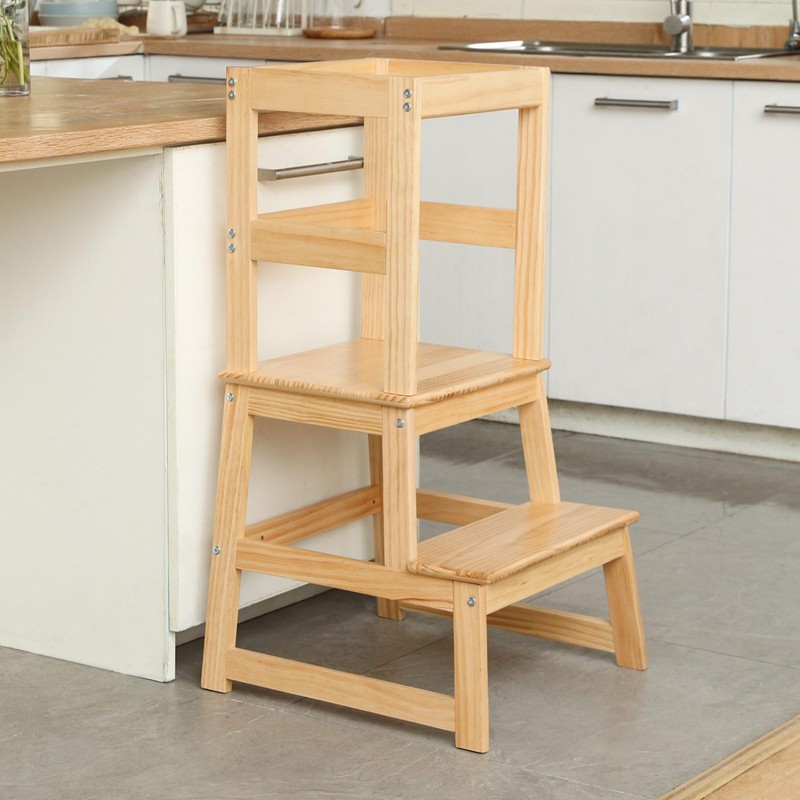 Kitchen Step Stool for Kids with Safety Rail,Solid Wood Construction