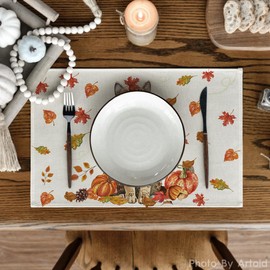 Artoid Mode Cat Pumpkins Maple Leaves Autumn Place Mats Set of 4, 30 x 45 cm, Holiday Place Mats, Washable Place Mats, Kitchen Party Decoration