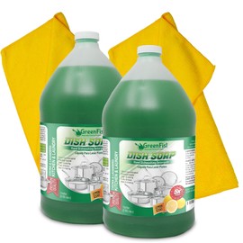 GreenFist Green Dish Soap [ Lemon Scent ] Manual Pot & Pan Professional Detergent Liquid Refill Pot & Pan Dish-Wash - Light or Heavy Use , 128 ounce ( 2 Gallon W/2 Microfiber Towel)