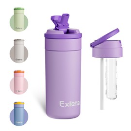 Exllena Insulated Water Bottles with Straw and Handle, Leak-Proof, Creative and Practical Design, Stainless Steel Water Bottle for Travel, School, Work, Sports, Purple
