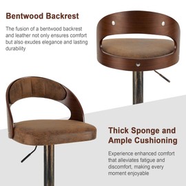 VECELO Bar Stools Set of 2,Adjustable Counter Height Stools with Bentwood Back,Armrest&Footrest,Swivel PU Leather Bar Chairs for Kitchen Island,Coffee Shop and Salon,Crescent Curve,Dark Brown