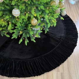 Starry Dynamo 84-Inch Ruffled Velvet Christmas Tree Skirt with Foam Padding, Nylon Backing and Lace-Up Tie Closure, Black