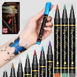LAPLBEKE Tattoo Pens, Pack of 10 Temporary Tattoo Markers for Skin, Waterproof Glitter Tattoo Pen, Temporary Tattoo Body Marker
