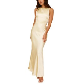 Summer Satin Maxi Dresses for Women 2025 Elegant Classy Silk Formal Sleeveless Open Back Spaghetti Strap Wedding Guest Dress Yellow
