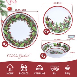 Gofunfun Melamine Dinnerware Sets For 4, 12-Piece Chistmas Dishes Set, Lightweight & Stackable for Home&Party plates,Plate and Bowl Sets Ideal for for Indoor Outdoor Use -Christmas Garland