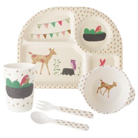 Kids Feeding Set 5 Pcs, Tableware Set for Toddlers Includes Plate Bowl Cup Fork and Spoon Utensil Flatware, Kids Flatware Set Dishwasher Safe, BPA Free (Giraffe)