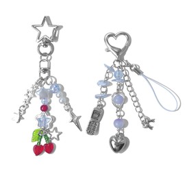 cioatu Cute Keychain Aesthetic Y2K Keychain Accessories Cute Heart Butterfly Strawberry Bear Key Chain for Keys Bags Women Gifts (2PCS Cherry Heart)