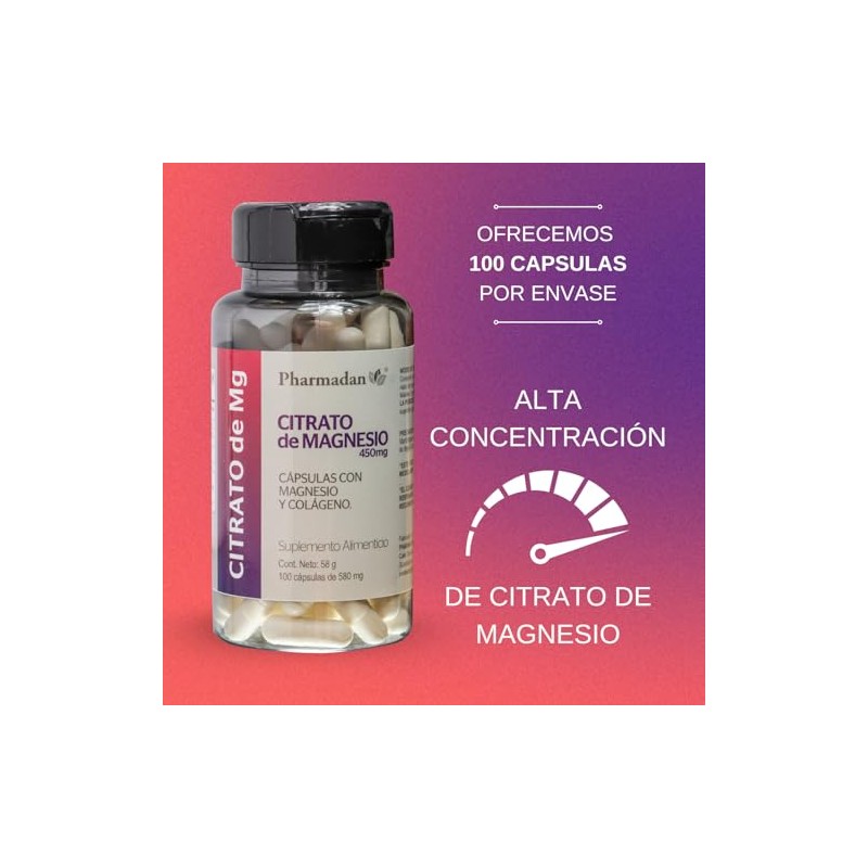 Citrato de Magnesio, 100 cápsulas de 450mg de Citrato de