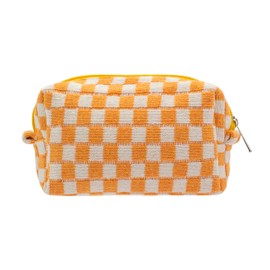 PAZIMIIK Checkered Makeup Bag for Purse Portable Zipper Make Up Pouch Small Cosmetic Case for Travel Accessories (Orange)