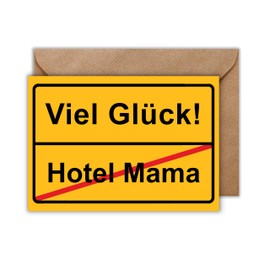 WBdesignz First Apartment Card with Envelope - Funny Moving Card "Ortsausgangsschild Hotel Mama - Viel Glück!" Congratulations on the Exit Sign (DIN A6)