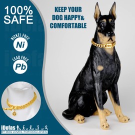 iDofas Gold Dog Collar 12mm Cuban Link Collar with Secure Snap Buckle 18K Metal Stainless Steel Dog Chain Collars for Dogs for Puppy Small Medium Large Dogs Includes Dog tag & Bell.(12")