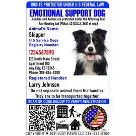 Just 4 Paws Custom Emotional Support ID Card with QR Code & Security Seal and Optional Holograph | Registration to US Service Dogs Registry Plus ID Holder & Digital ID - Portrait Style