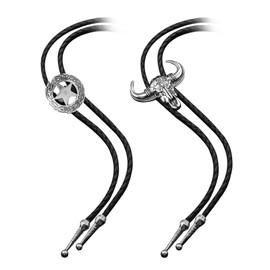 ZYETGH 2PCS Cowboy Necklace, Vintage Bolo Tie Mens Leather Necklace Unisex Wild West Theme Cowboy Accessories (Pentagram and Bull Head)