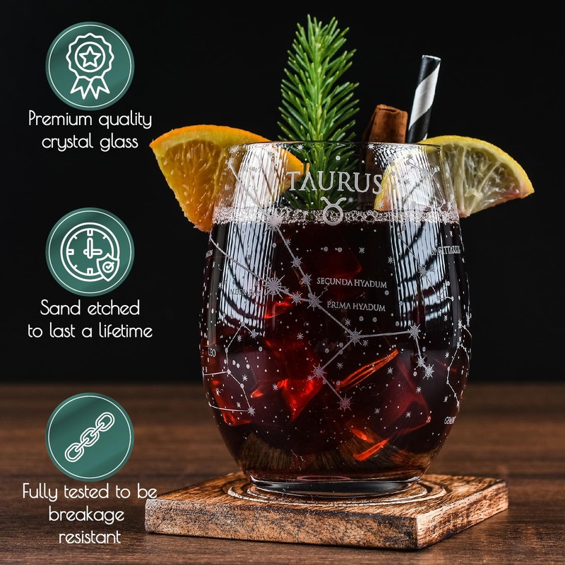 Greenline Goods Taurus Stemless Wine Glasses Zodiac Taurus Set Hand