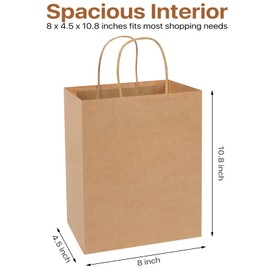 Johuivo Brown Paper Bags With Handles, Medium Size Bulk 100 Pcs Kraft Paper Bags 8x4.5x10.8 Inches - Shopping, Merchandise, Retail, Party, Small Business Grocery, Take-Out Grocery Shopping