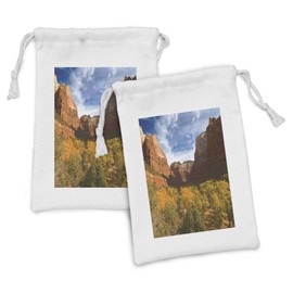 Lunarable Zion National Park Fabric Pouch Set of 2, Daytime Photo Zion Canyon at Autumn Season with Fall Color Palette Trees, Small Drawstring Bag for Toiletries Masks and Favors, 9" x 6", Multicolor