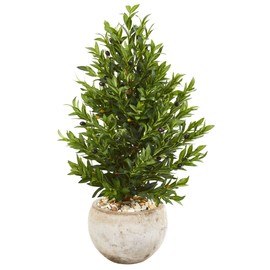 Nearly Natural 3ft. Olive Cone Topiary Artificial Sand Stone Planter UV Resistant (Indoor/Outdoor) Silk Trees, 24 In. W x 24 In. D x 36 In. H, Green