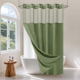 PILOTSHARK No Hook Waffle Weave Shower Curtain Set with Snap-in Fabric Liner and Mesh Top Window,256GSM Heavy Duty Fabric,Green Washable Luxury Shower Curtain for Bathroom Stalls (72x75 Inch)