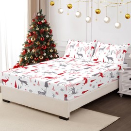 HCORA Christmas Twin Fitted Sheet and Pillowcase Set - 100% Brushed Microfiber Reindeer Fitted Sheet Deep Pocket Up to 16" - Ultra Soft, Shrinkage & Fade Resistant (Twin)